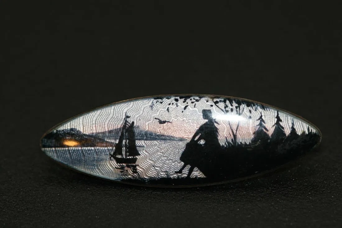 Sterling Denmark Danish Enamel Guilloche Vintage Scenery Brooch Pin Figure sailboat .lot#80: Sterling Enamel Danish Denmark Vintage Scenery Brooch Pin Figure sailboat measures 1 5/8" x 5/8"