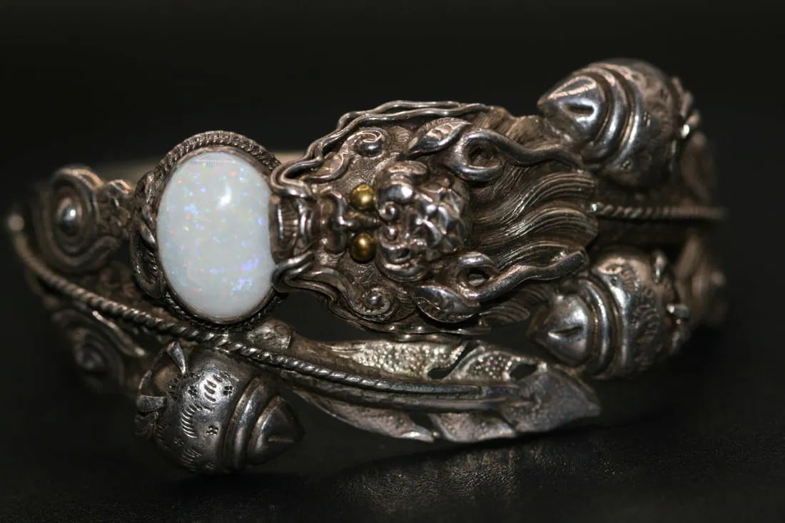 Chinese Export Repousse Dragon Sterling Opal Cuff Bracelet Vintage Signed   .lot#100 (1 of 7)