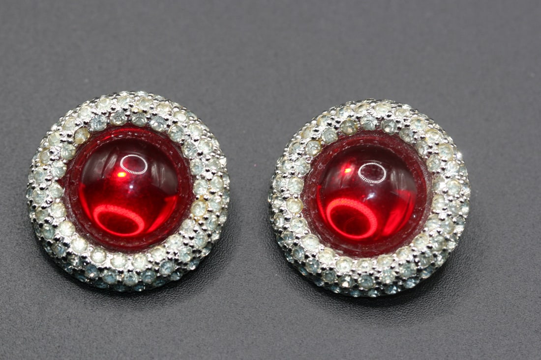 Joseph Mazer Signed Red Siam Cabochon Clip Rhinestone Earrings .lot#118 (1 of 5)