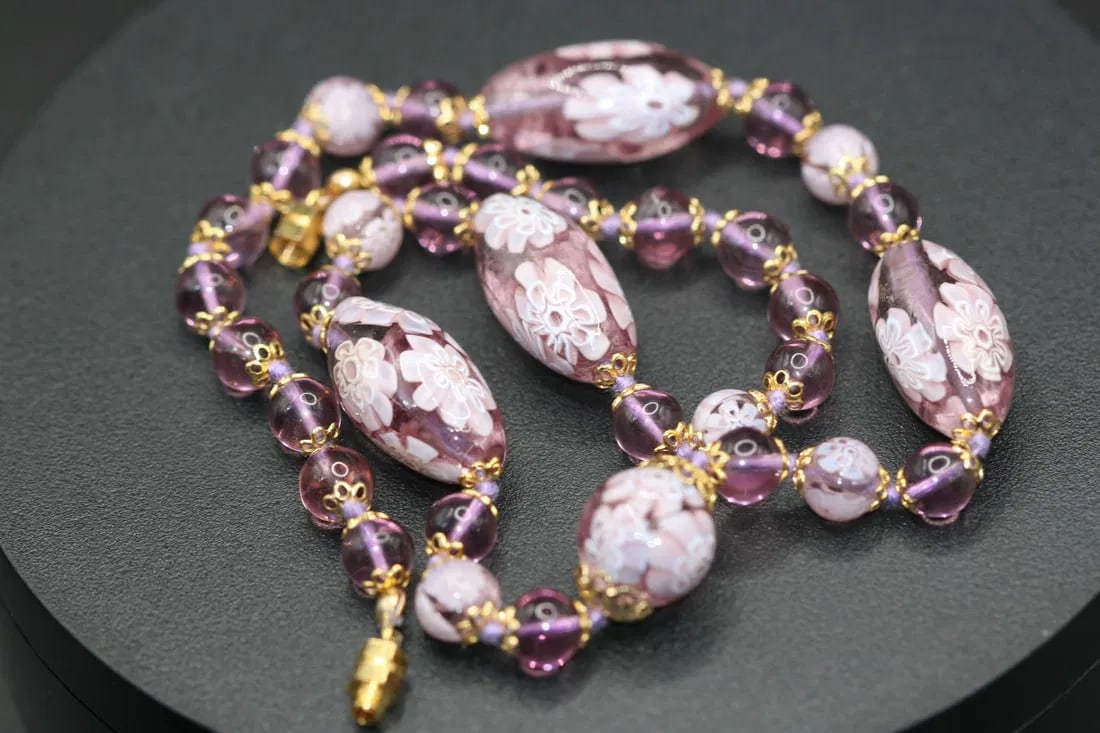 Millefiore Venetian Glass Lilac Amethyst Glass Necklace  .lot#177 (1 of 4)