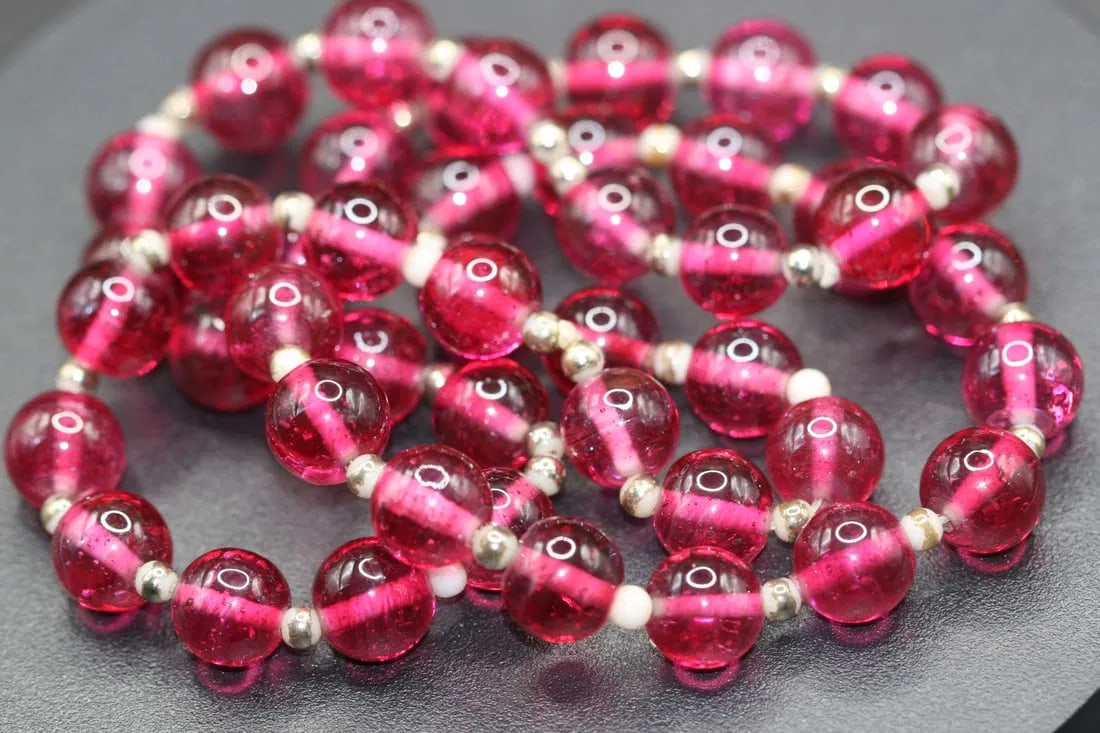Cranberry Glass Necklace 11mm beads 26" long Vintage .lot#184: Cranberry Glass Necklace 11mm beads 26" long Vintage
