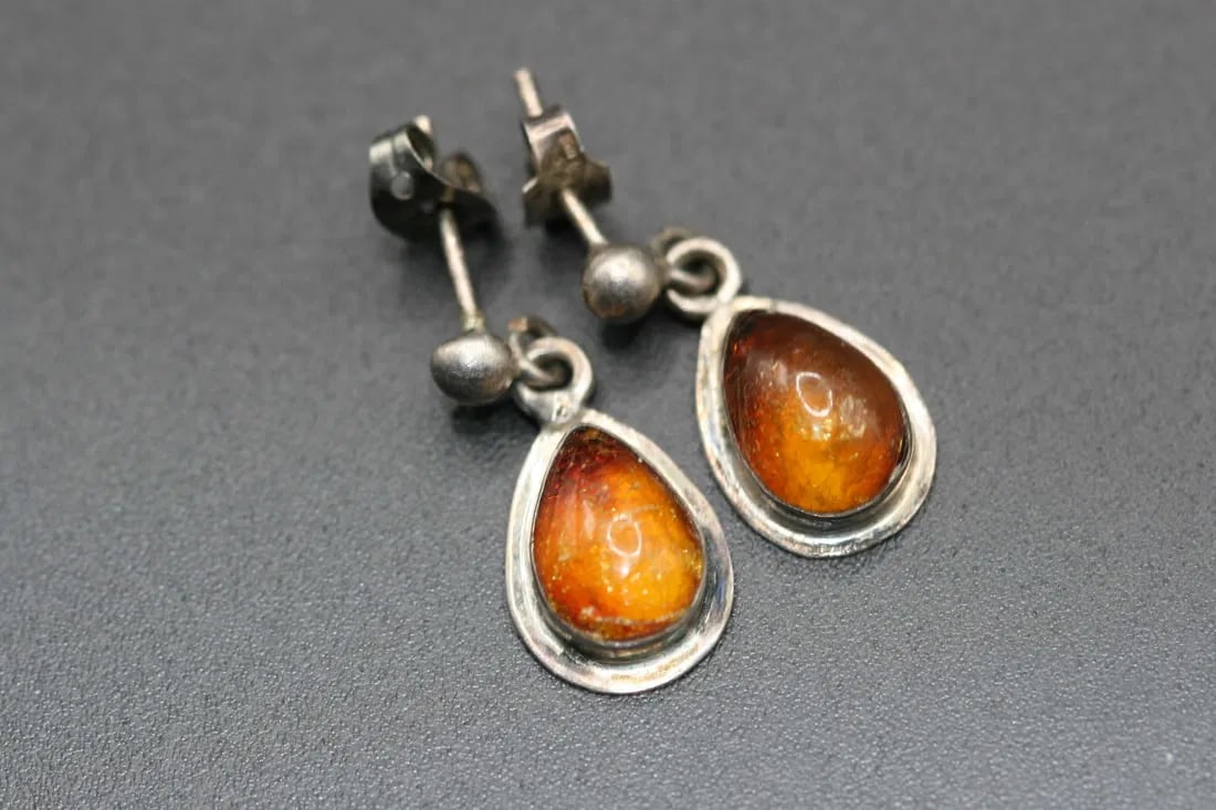Amber Pierced Earrings Sterling Silver 925 Vintage Drops  .lot#264 (1 of 4)