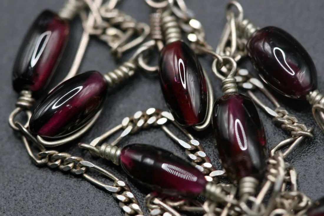 Garnet Genuine Delicate Sterling Silver 925 Necklace Pierced Earrings .lot#316: Garnet Genuine Delicate Sterling Silver 925 Necklace Earrings necklace measures 16" long stamped on the clasp Italy 925 and the matching pierced earrings measures 7/8" long without the hook and the ho