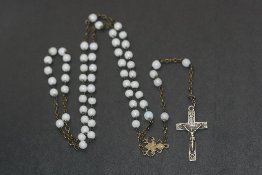 Rosary Vintage Pocket size Lot 627: Rosary Vintage Pocket Size measures hanging length is 12" plus the drop 6" decades circumference 24" Glass Beads 5mm many prayers prayed upon they lovely beads
