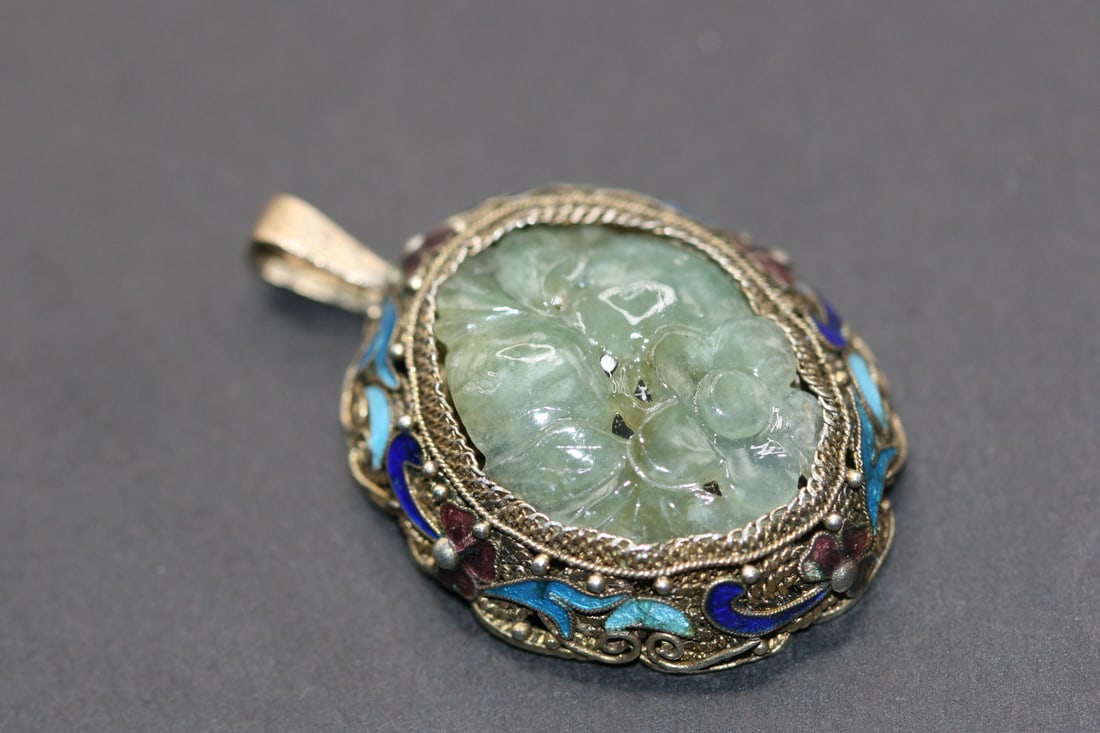 Jade Silver 800 Carved  Enamel Chinese Export Pendant Lot 636 (1 of 3)