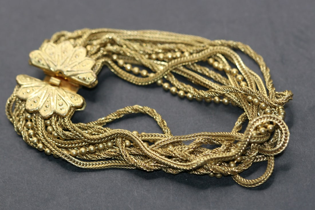 Balls and Chains Cluster Bracelet Pierre Lorion Paris Vintage Lot 639: Balls and Chains Cluster Vintage Bracelet ornate clasp Pierre Lorion Paris and Syliva Karels measures 7" x 3/4" signed on the back