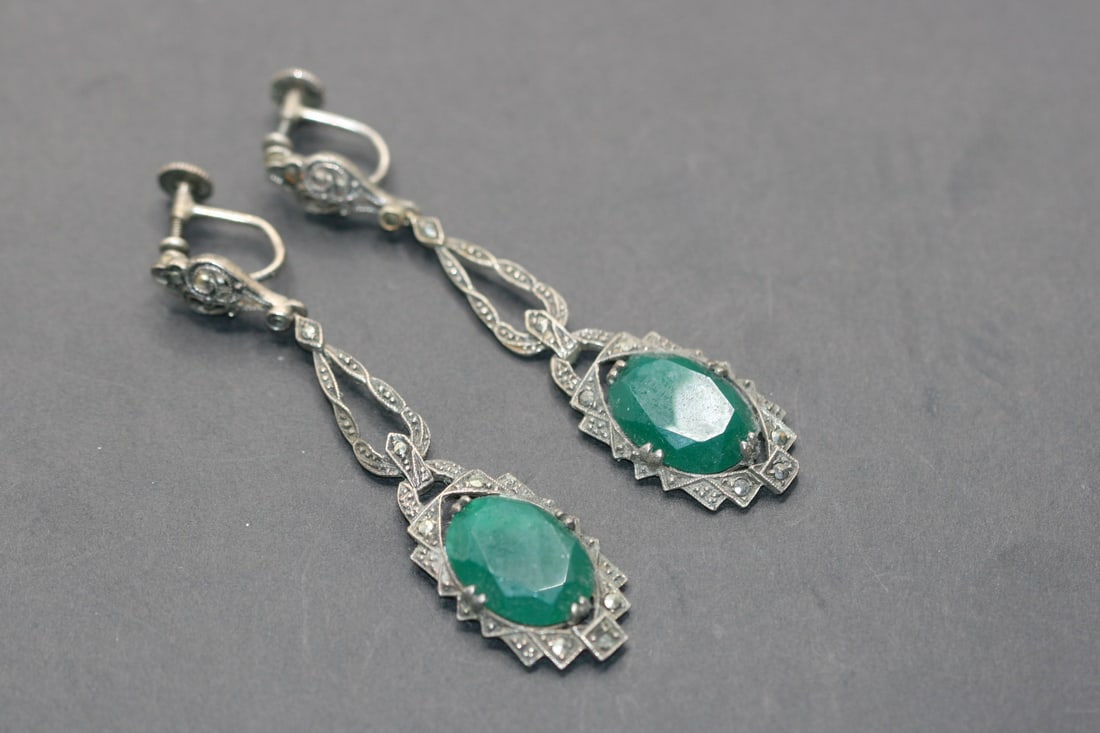 Green Onyx Marcasite Sterling Chandelier Earrings Vintage Lot 645 (1 of 4)