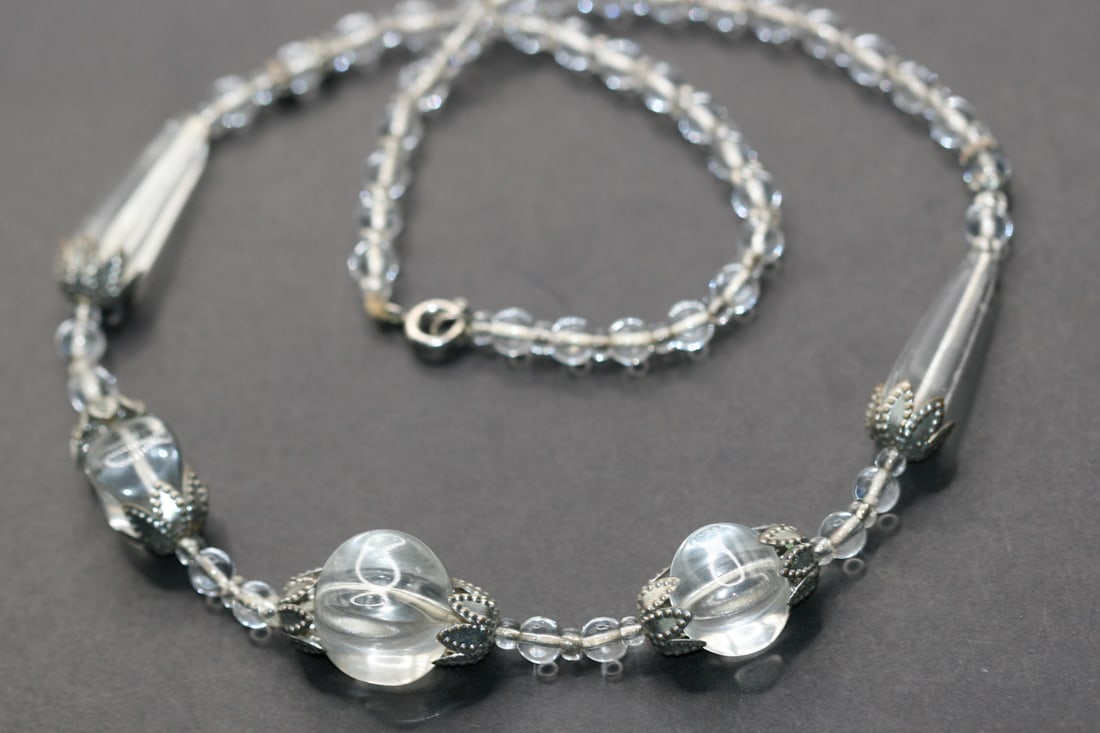 Lucite Ball Glass Necklace Vintage Double Capped Lot 825: Lucite Ball Glass Necklace Vintage Double Capped measures 19" long