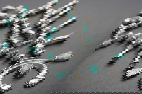 Bea Squash Blossom Old Pawn Navajo Sterling Silver 925 Turquoise Necklace Lot 1239: BEA Squash Blossom Old Pawn Navajo Vintage Sterling Silver 925 Turquoise Necklace measures 22" long the pendant measures 4" x 2 1/2" weighs 88.22 grams is signed on the back BEA Sterling magnificent !