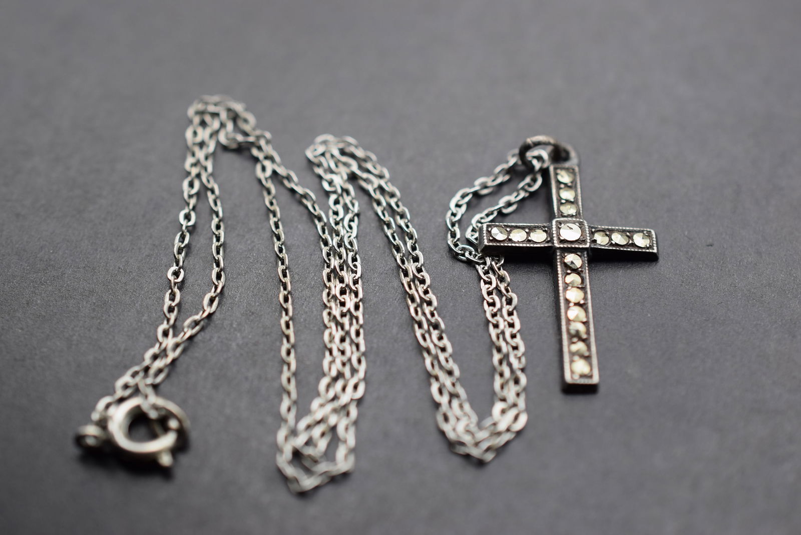 Coro Sterling Marcasite Cross Necklace with chain Lot 13: Coro Sterling Marcasite Cross Necklace with chain Cross measures 1" x 5/8" and the chain measures 16" long the Cros is signed Sterling Coro
