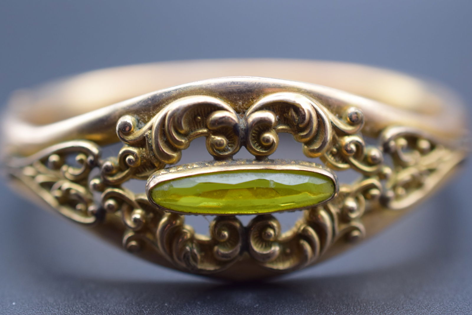 Exquisite Edwardian Gold Filled Hinged Bracelet Repousse Lot 56: Exquisite Edwardian Gold Filled Hinged Bracelet Repousse measures 2 1/4" across the inside and is 1" wide