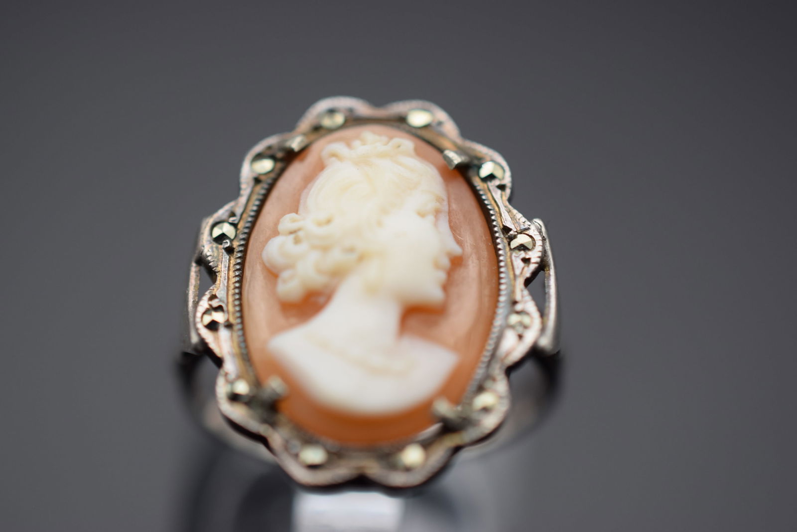 Shell Cameo Marcasite Vintage European Sterling Silver 800 Ring Size 5.5 Lot 524 (1 of 5)