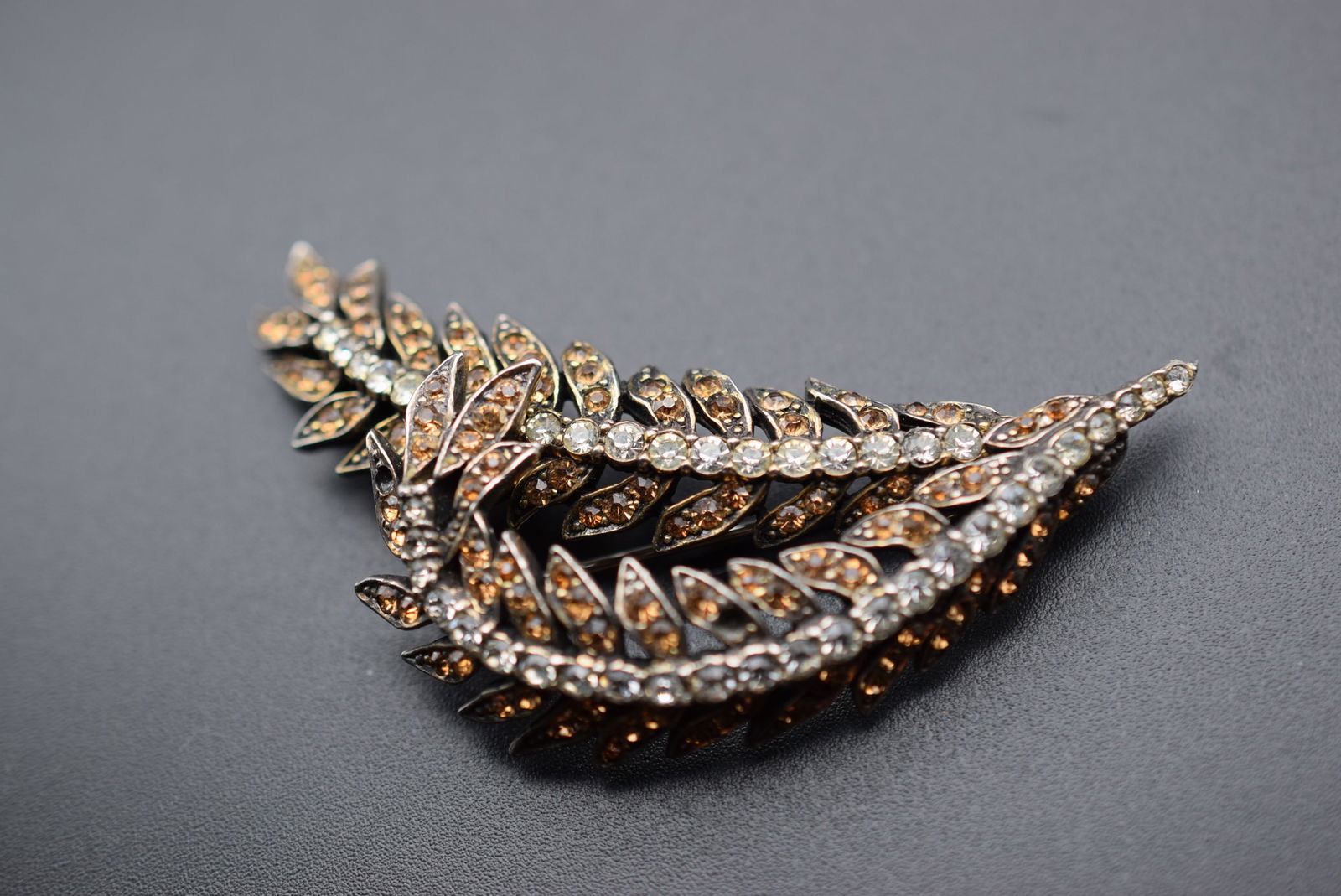 LeC Marcel Boucher Rhinestone Vermeil Vintage Brooch Pin Lot 730: LeC Joel Mazer Boucher Rhinestone Vermeil Vintage Brooch Pin measures 2 5/8" x 1 1/8" missing 3 small stones signed LeC 3267