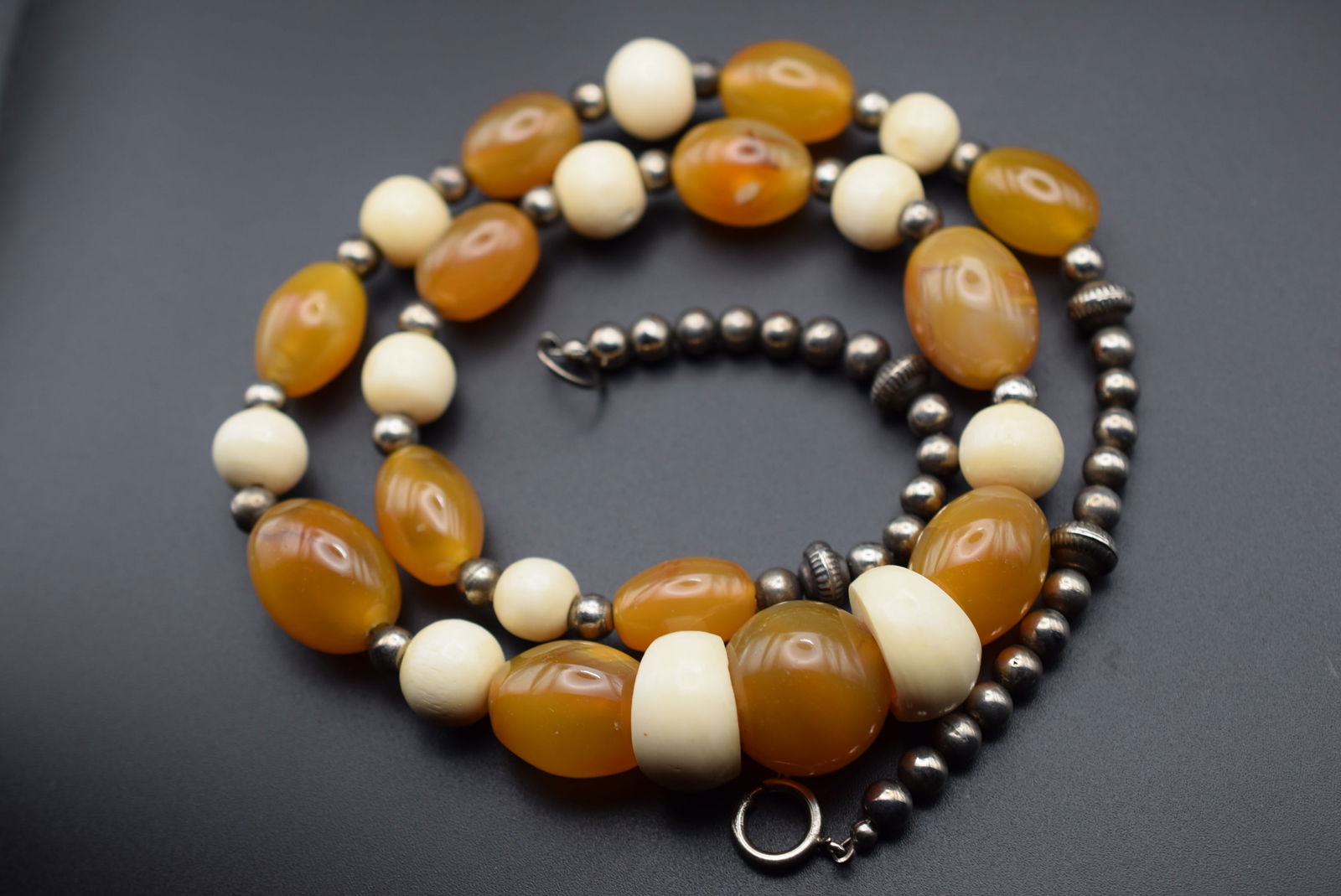 Huge Vintage Agate Necklace with Glass Milk White Lot 752: Huge Vintage Agate Necklace with Glass Milk White cream accents measures 29" Long