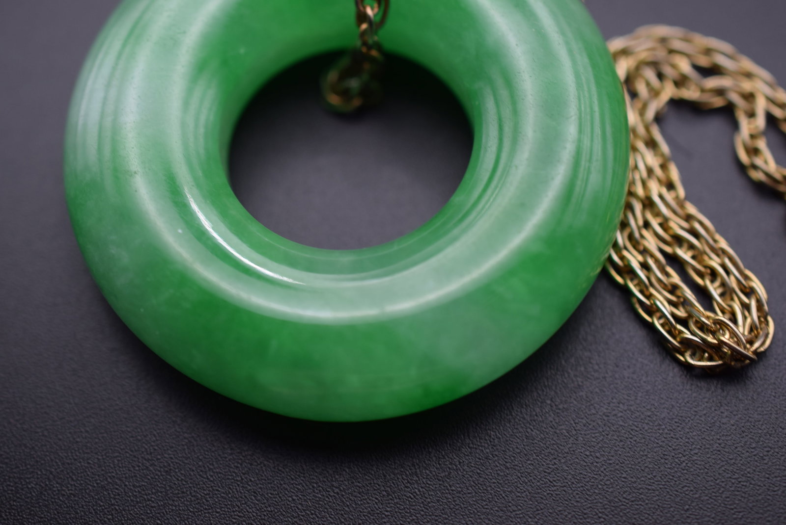 Jade Pendant 1970's vintage chain Lot 777: Jade Pendant 1970's vintage chain measures 27" long the pendant measures 2 1/8" in diameter