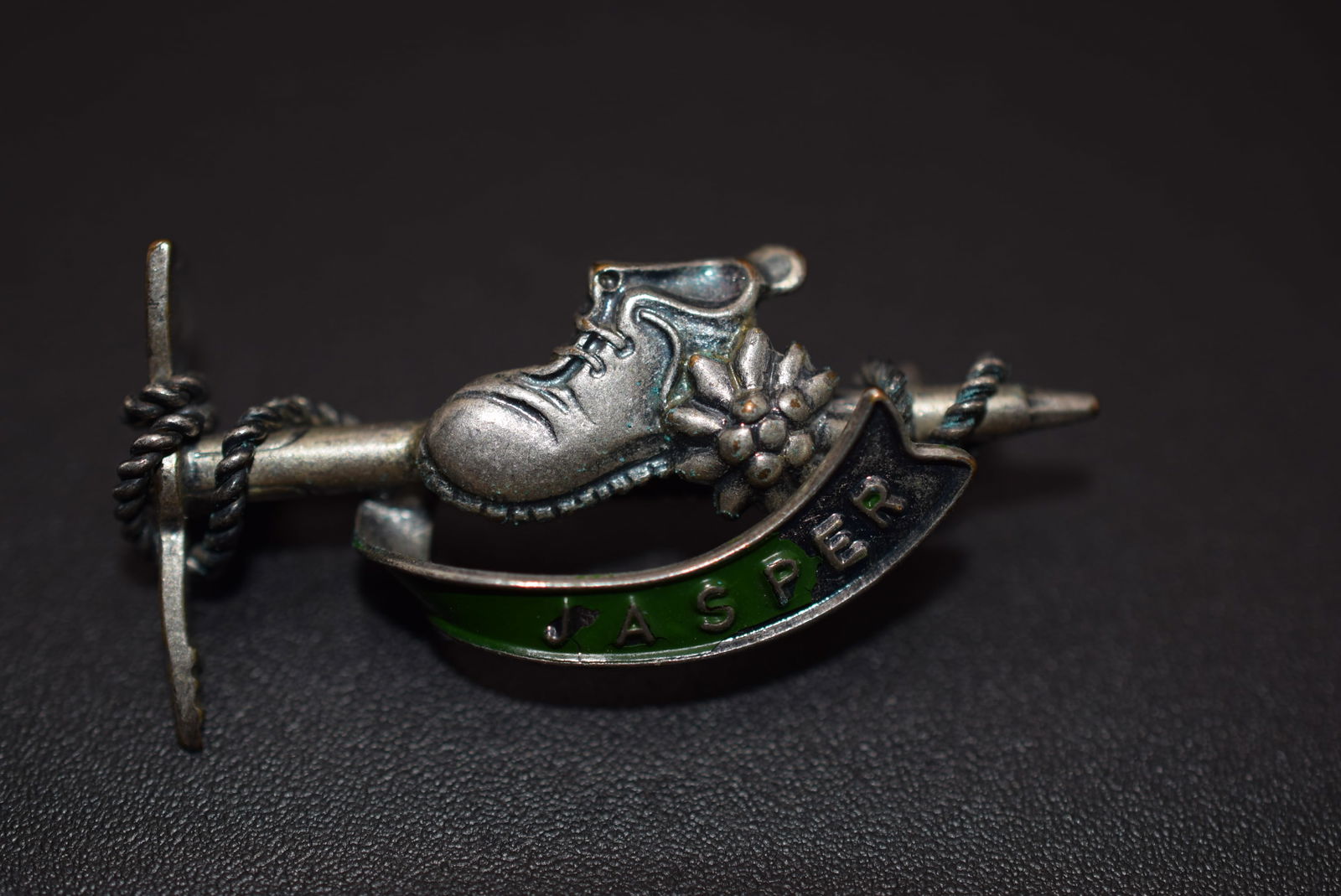 Jasper Hiking Boot and Pick Vintage Brooch Pin Lot 845: Jasper Hiking Boot and Pick Vintage Brooch Pin measures 1 1/2" x 5/8" signed Made Austria