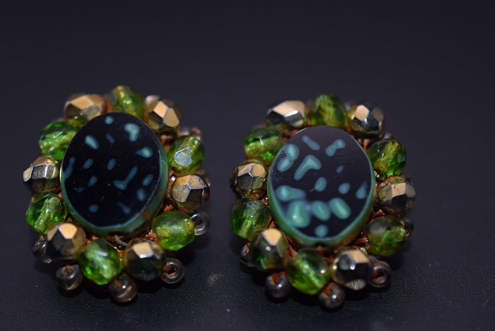 Art Glass 1950's Vintage Clip Earrings Lot 870: Art Glass 1950's Vintage Clip Earrings measures 1 1/8" x 1"