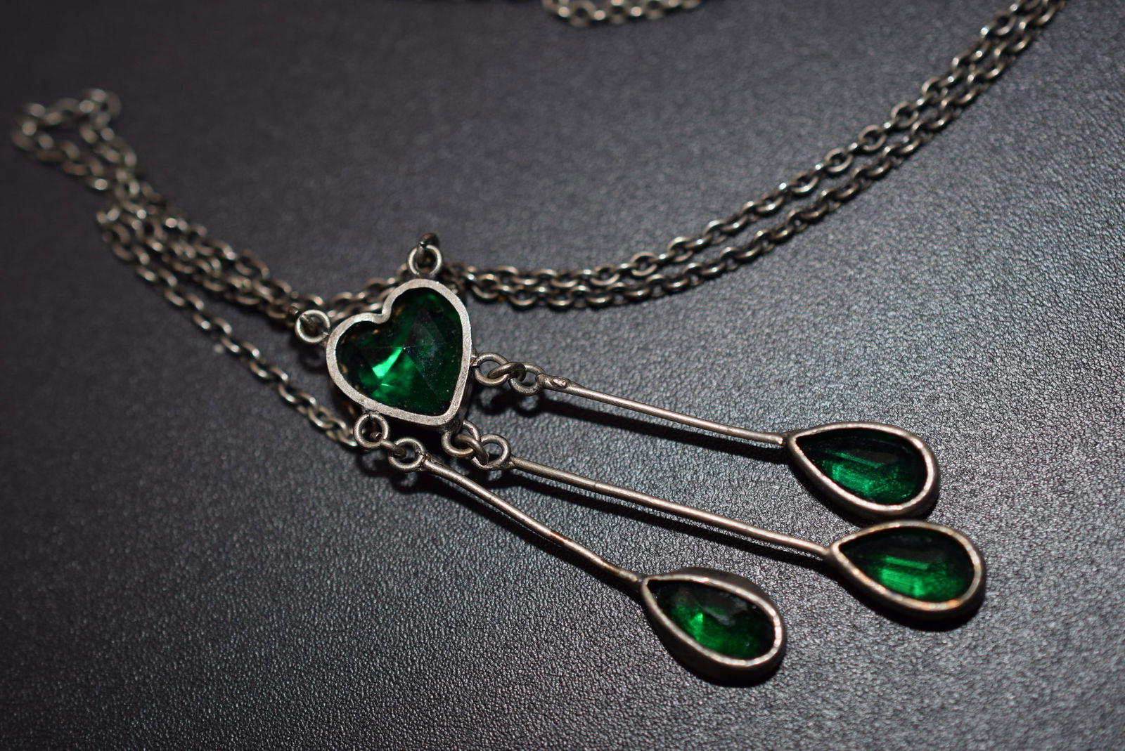 Vintage Fine Chain Rhinestone Green Hearts Drops Lot 874: Vintage Fine Chain Rhinestone Green Hearts Drops chain measures 18" long and the Heart Drops 1 3/4" long