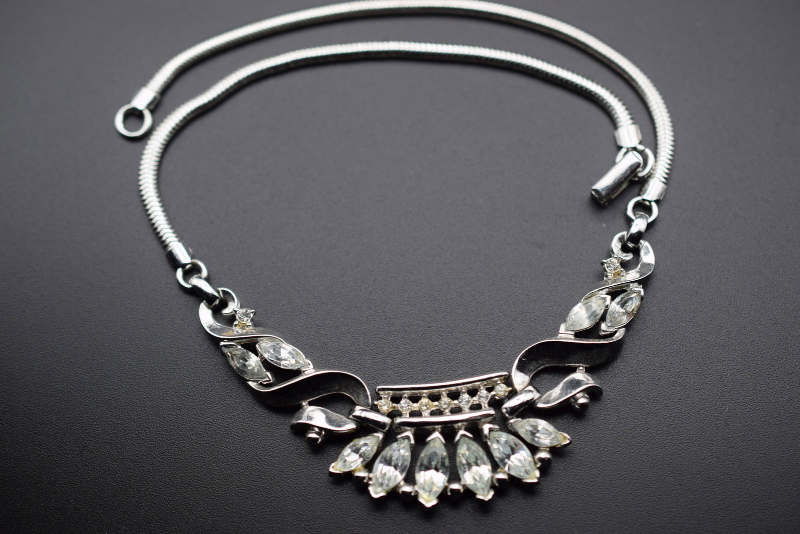 Trifari Rhinestone Vintage Necklace Signed Lot 876: Trifari Rhinestone Vintage Necklace Signed measures 14 1/2" long x 7/8" signed Trifari Pat Pend