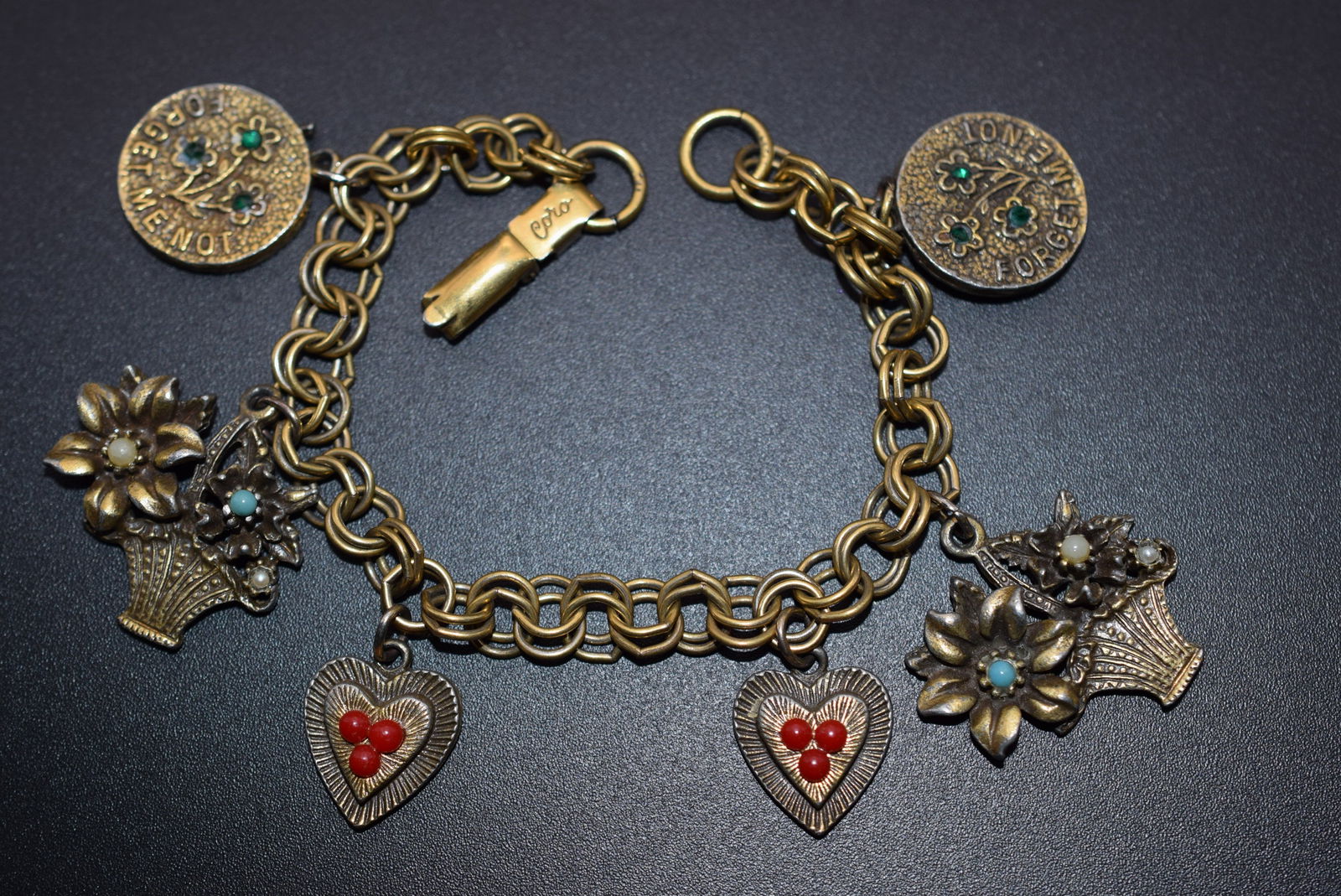 Coro Forget me Not Charm Bracelet 1940's Vintage Lot 911: Coro Forget me Not Charm Bracelet 1940's Vintage measures 8" Long signed Coro