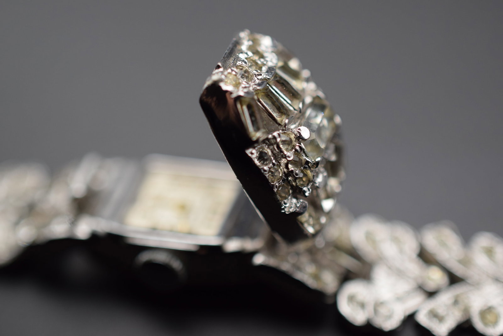 1940's Marathon Swiss Rhinestone Secret Hidden Watch Bracelet Lot 950: 1940's Marathon Swiss Rhinestone Secret Hidden Watch Bracelet no glass winds well doesn’t work measures 7 1/8" x 5/8" signed Marathon Swiss