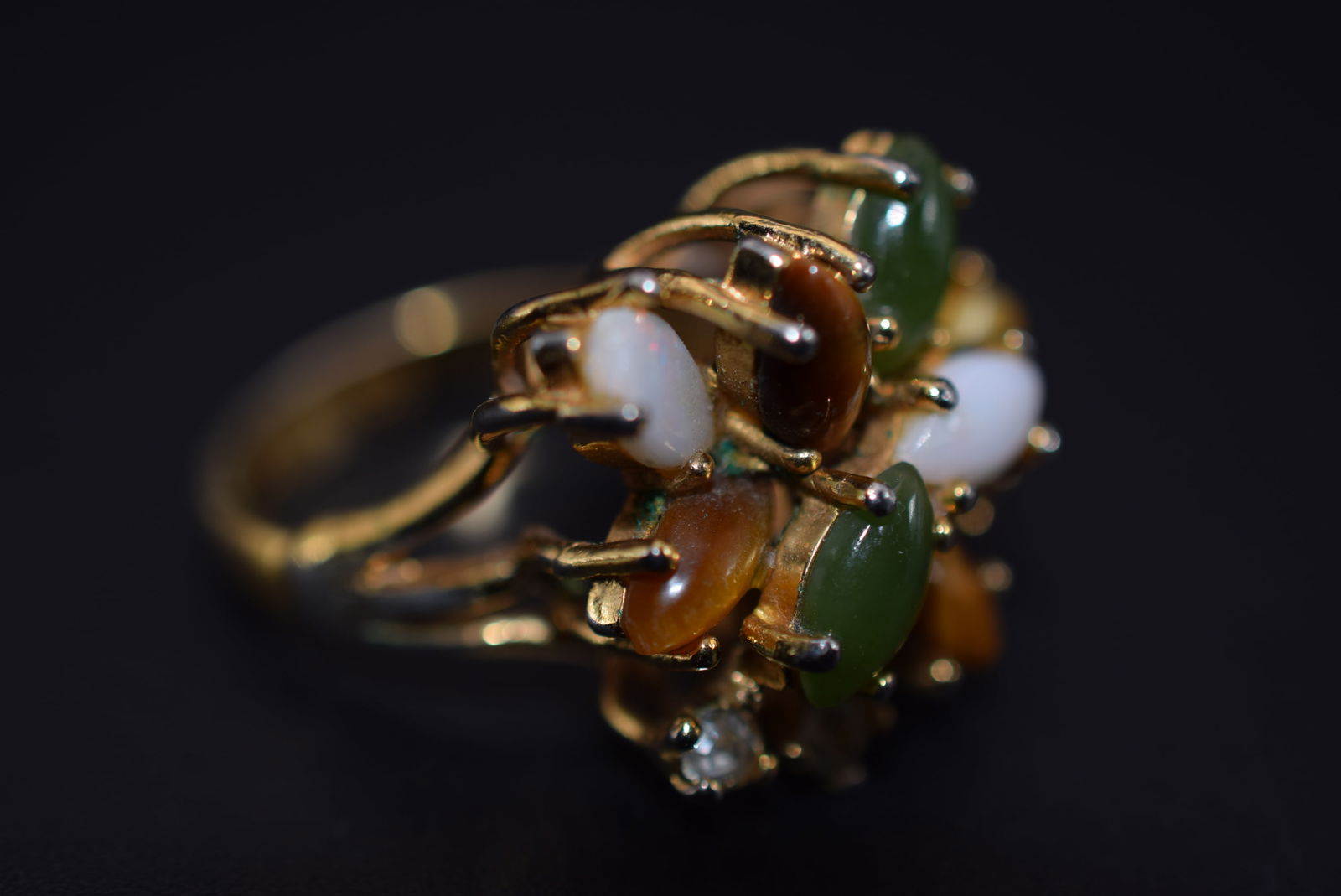 Opal Tiger Eye Jade Cocktail Ring 1970's Vintage Size 6.75  Lot 966 (1 of 4)