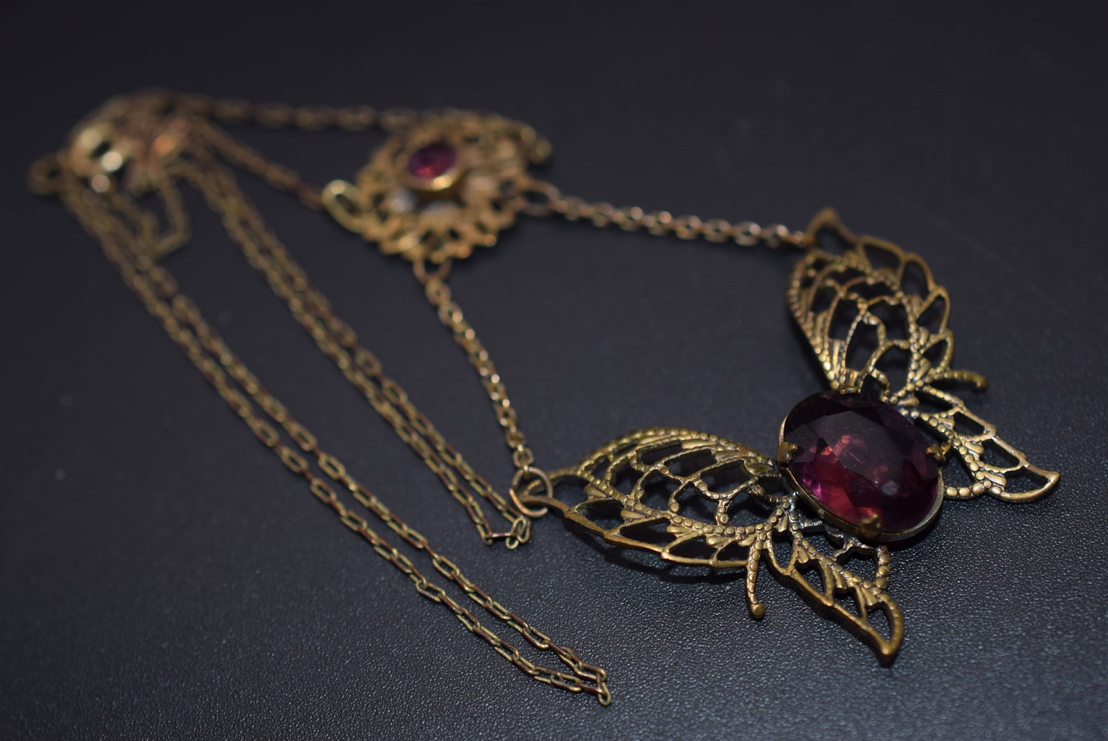 Filigree Czech Vintage Butterfly Lavaliere Necklace Lot 988: Filigree Czech Vintage Butterfly Lavaliere Necklace measures 18" long plus 3" Drop x 1 1/2" wide