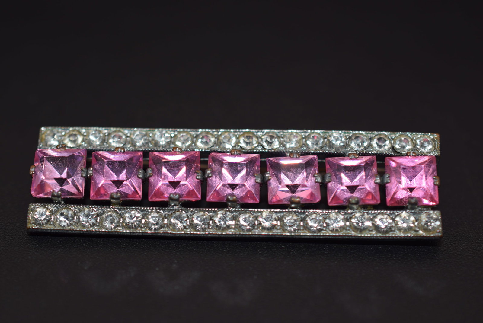 Pink Rhinestone 1940's Vintage Bar Pin Lot 1002: Pink Rhinestone 1940's Vintage Bar Pin measures 2" x 5/8"