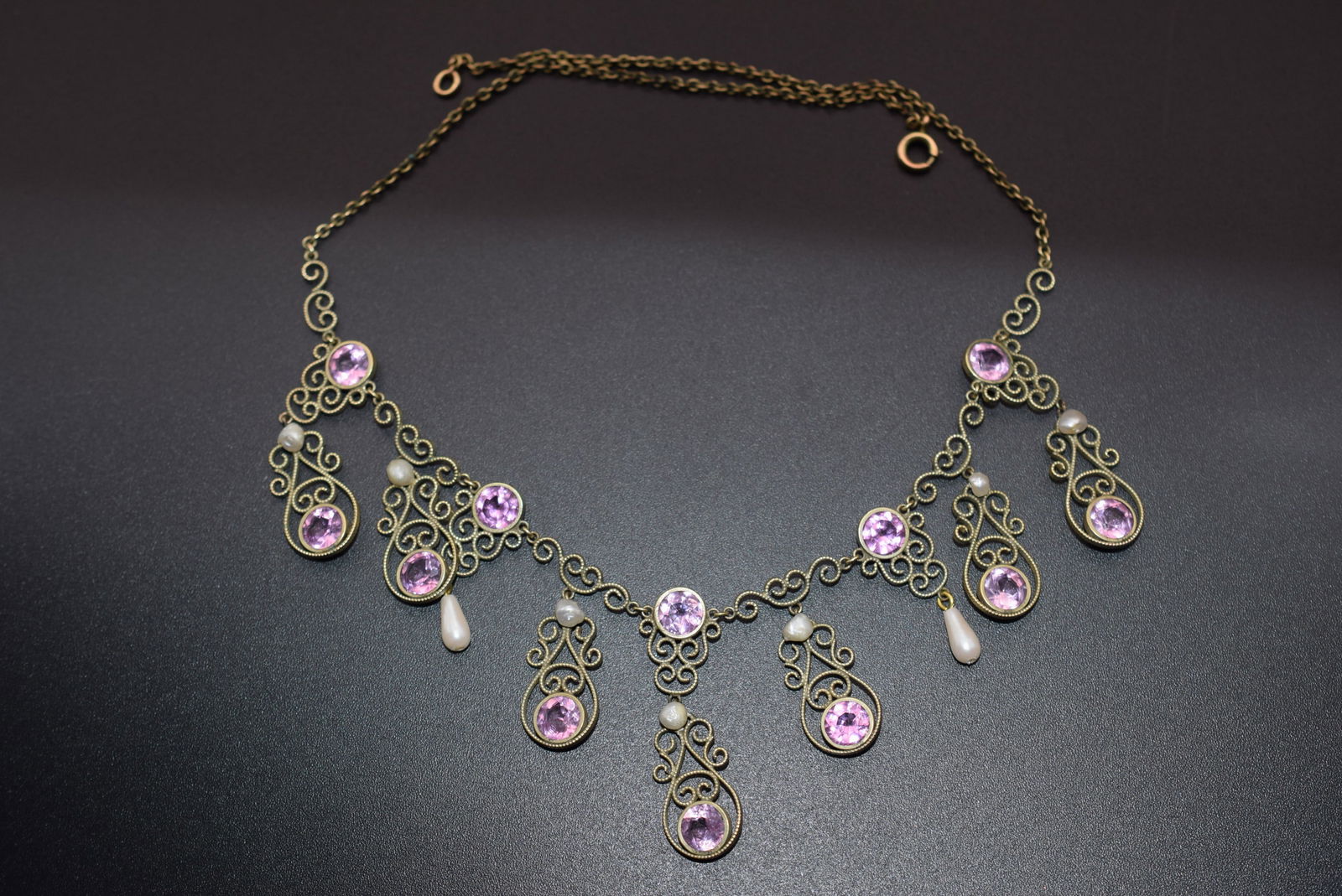 Edwardian Lavaliere Gold Filled Necklace Amethyst Drops Pearls  Lot 1111 (1 of 5)