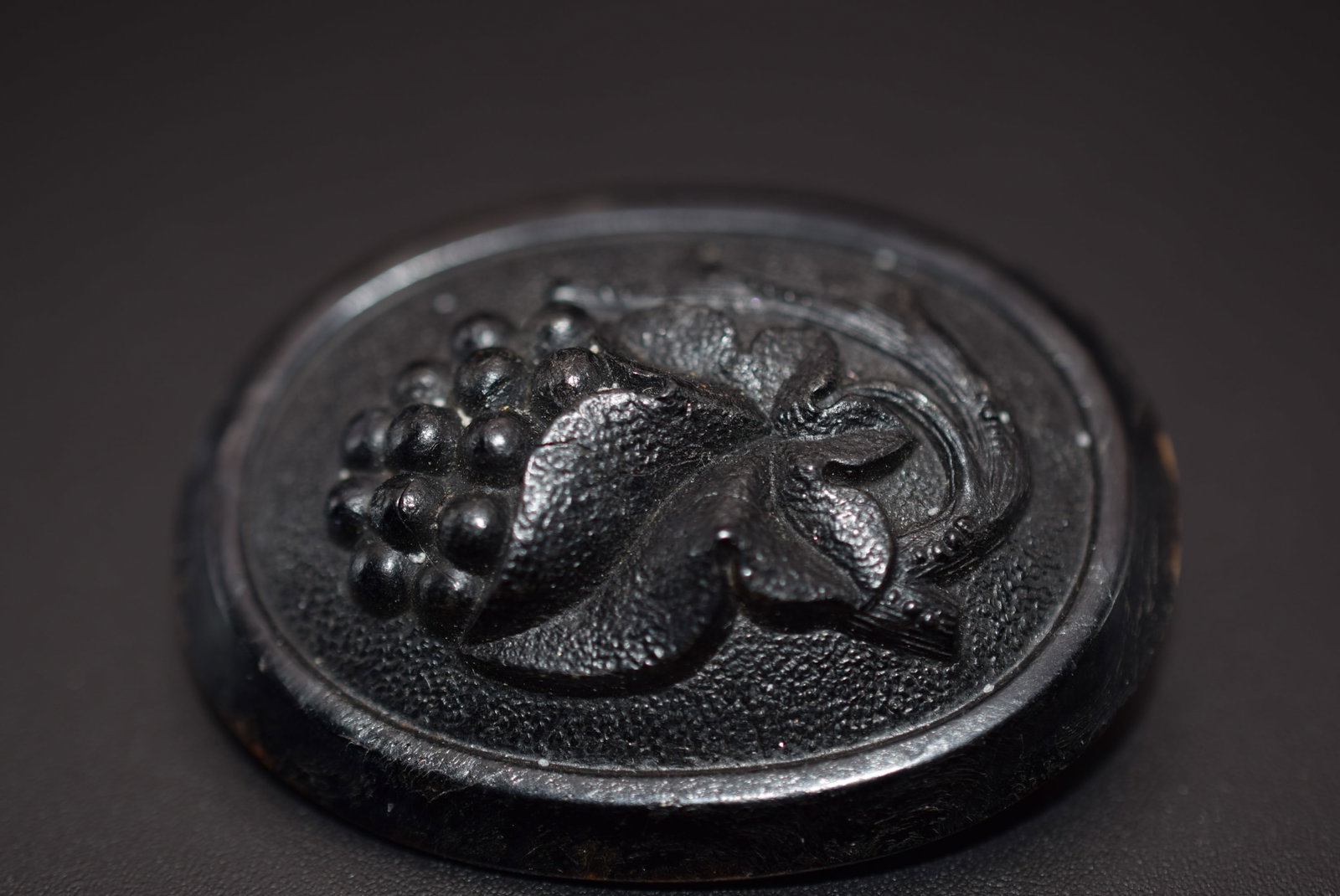 Edwardian Repousse Gutta Percha Mourning Jewelry Brooch Pin Vintage Lot 1151: Edwardian Repousse Gutta Percha Mourning Jewelry Brooch Pin Vintage measures 1 7/8" x 1 1/2"