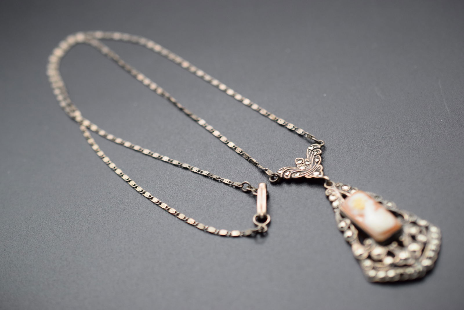 Shell Cameo Marcasite Sterling 1930's Vintage Lavaliere Necklace   Lot 1156 (1 of 9)