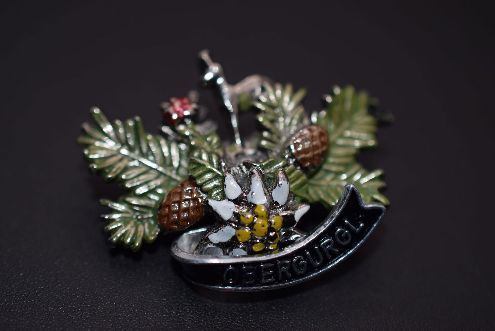 Obergurgl Signed Jona Vintage 1940's Hunting Enamel Brooch Pin Lot 1190: Obergurgl Signed Jona Vintage 1940's Hunting Enamel Brooch Pin measures 1 3/8" x 1" Signed Jona