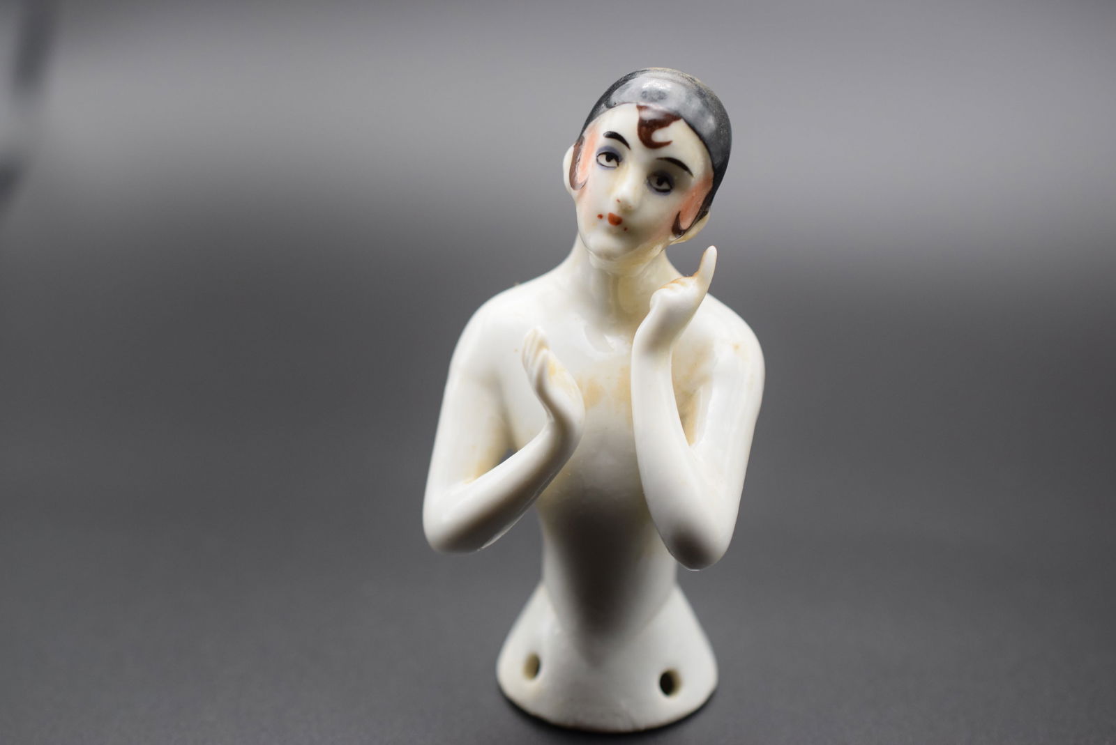 Hat Pin Cusion Doll Porcelain Germany 14266 Arms Up Roaring 20's Hair Lot 1250: Hat Pin Cusion Doll Porcelain Germany 14266 Arms Up Roaring 20's Hair measures 3 1/8" x 1 5/8"