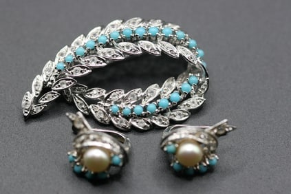 Outstanding Turquoise Pearl CZ Sterling Silver 925 Brooch Pin pierced earrings set  .lot#73 (1 of 7)