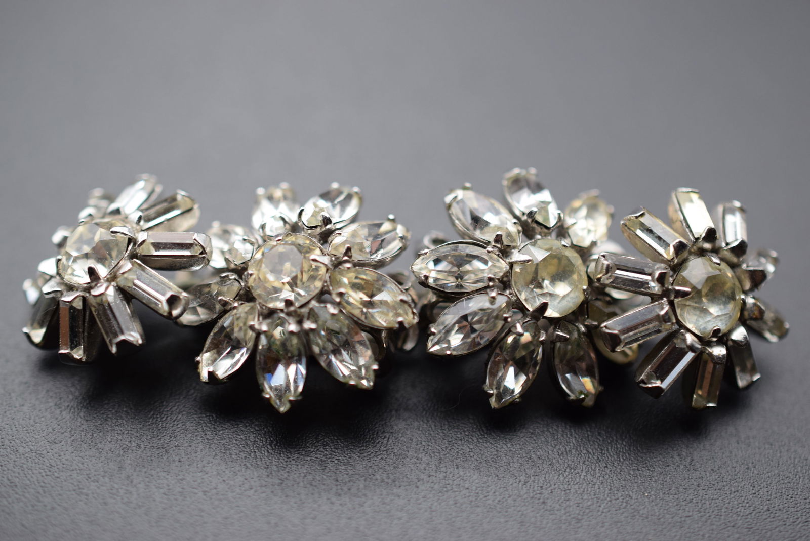 Sherman Clip Earrings Vintage 1950's Rhinestone Double Flowers Lot# BE 187: Sherman Clip Earrings Vintage 1950's Rhinestone Double Flowers