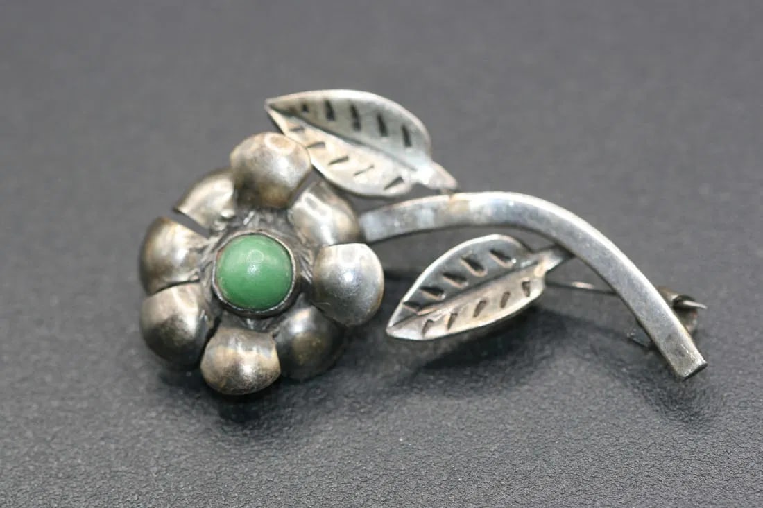 Mexico Sterling Silver 925 Flower chrysoprase  Brooch Pin vintage .lot#192 (1 of 2)