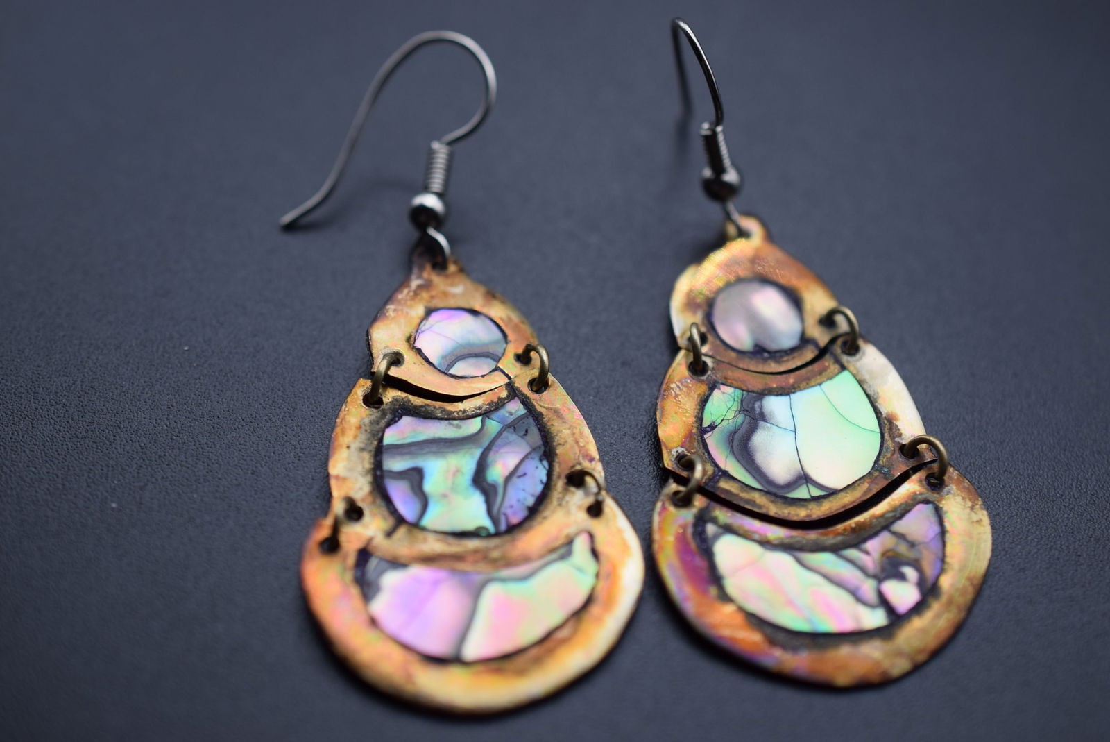 Mexico Alpaca Abalone Articulated Drop Pierced Earrings Vintage Lot# BE 319: Mexico Alpaca Abalone Articulated Drop Pierced Earrings Vintage measures 1 3/4" x 1" without the bale signed on the back Alpaca Mexico