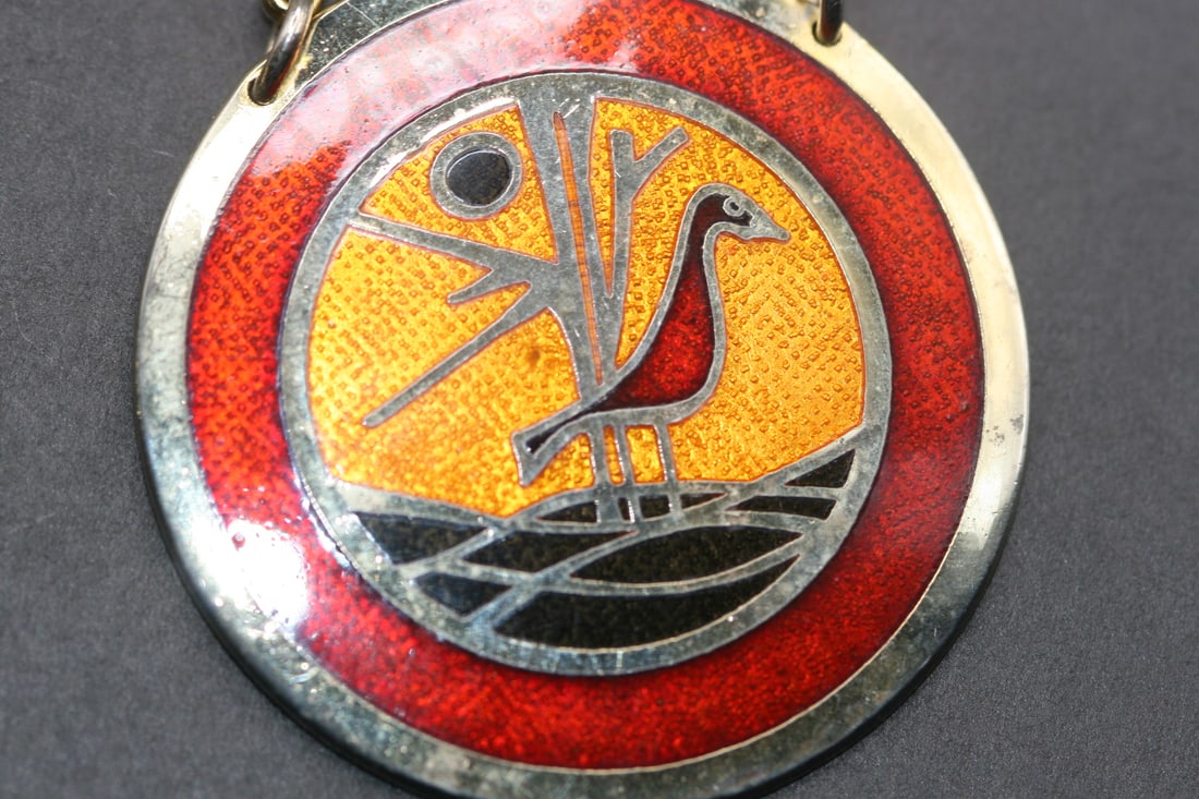 Passille Sylvestre Enamel Modernist Necklace Vintage Signed Lot 512: Passille Sylvestre Enamel Modernist Necklace Vintage Signed pendant measures 1 3/4" in diameter and the chaine measures 24" long signed on the back De Passille Sylvestre Made in Quebec Canada