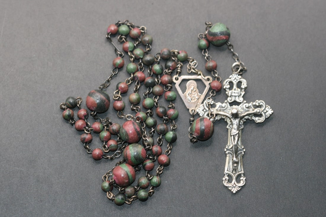 Magnificent Sterling PL Rosary Signed ! Colored Beads Rare Find Lot 694: Magnificent Sterling PL Rosary Signed ! Colored Beads Rare Find measures circumference 26" drop 7" hanging length 20"
