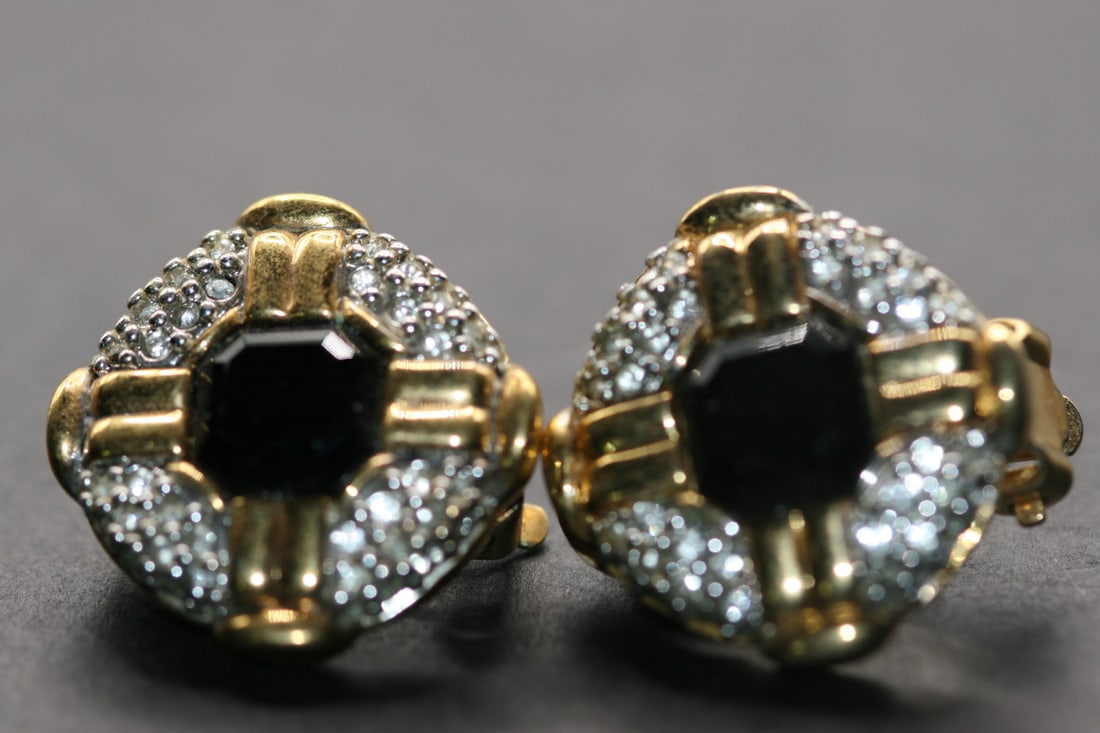 Nina Ricci Clip Rhinestone Earrings Lot 790: Nina Ricci Clip Rhinestone Earrings measures 3/4" x 3/4" signed on the backs