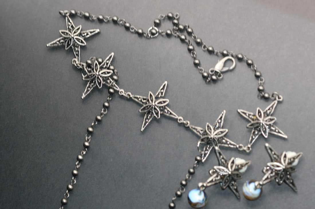 Stars Choker Necklace Earrings Set Celestial Lot 839: Stars Choker Necklace Earrings Set Celestial Necklace measures17 1/2" drop chain drapes down the front 4" and the matching Star Clip Earrings have glass moons attached to dangle from stars measure 1 1