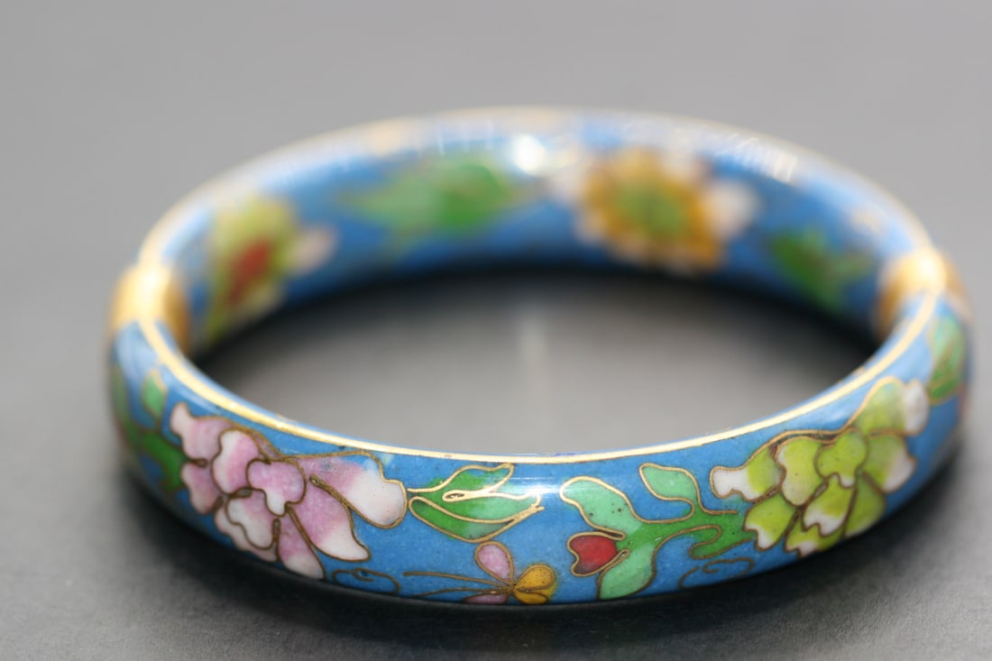Cloisonne EXTRA WIDE Hinged Teal  Bangle Bracelet Vintage Lot 899 (1 of 5)