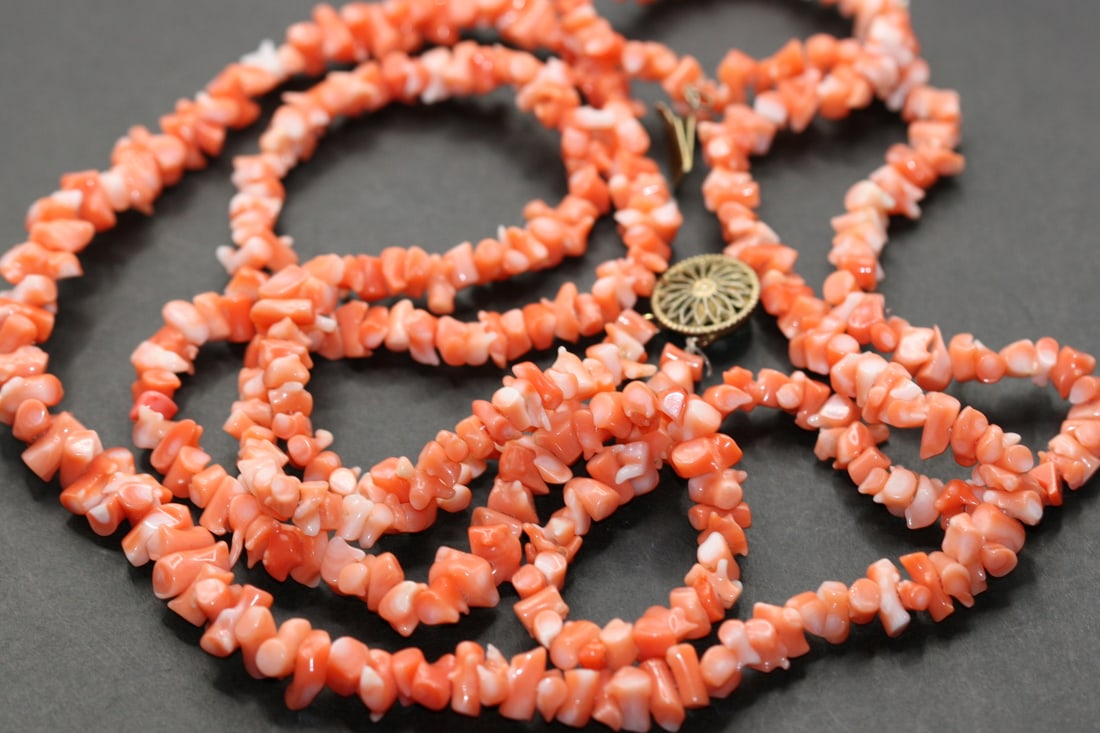 Genuine Old Natural Coral Necklace Sterling Clasp Vintage Lot 955: Genuine Old Double Strand Natural Coral Necklace Sterling Clasp Vintage measures 23" long clasp is marked sterling with a gold vermeil filigree