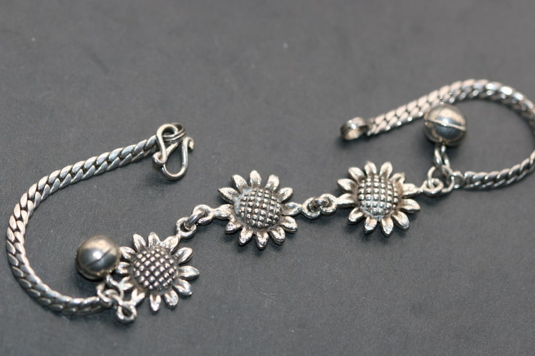 Sunflower Silver Bracelet Belly Dancer Jingles Lot 1056: Sunflower Silver Bracelet Belly Dancer Jingles measures 7 1/2" x 1/2"