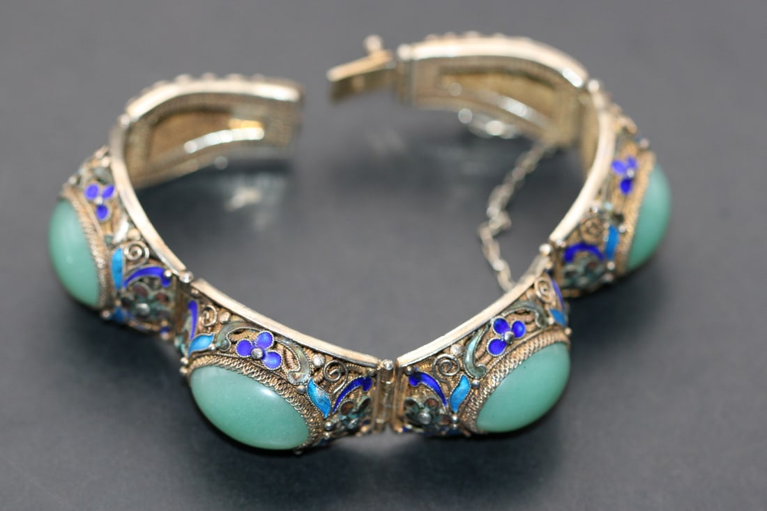 Jade Enamel Chinese Export Gold Vermeil Sterling Filigree Bracelet Vintage Lot 1151 (1 of 12)