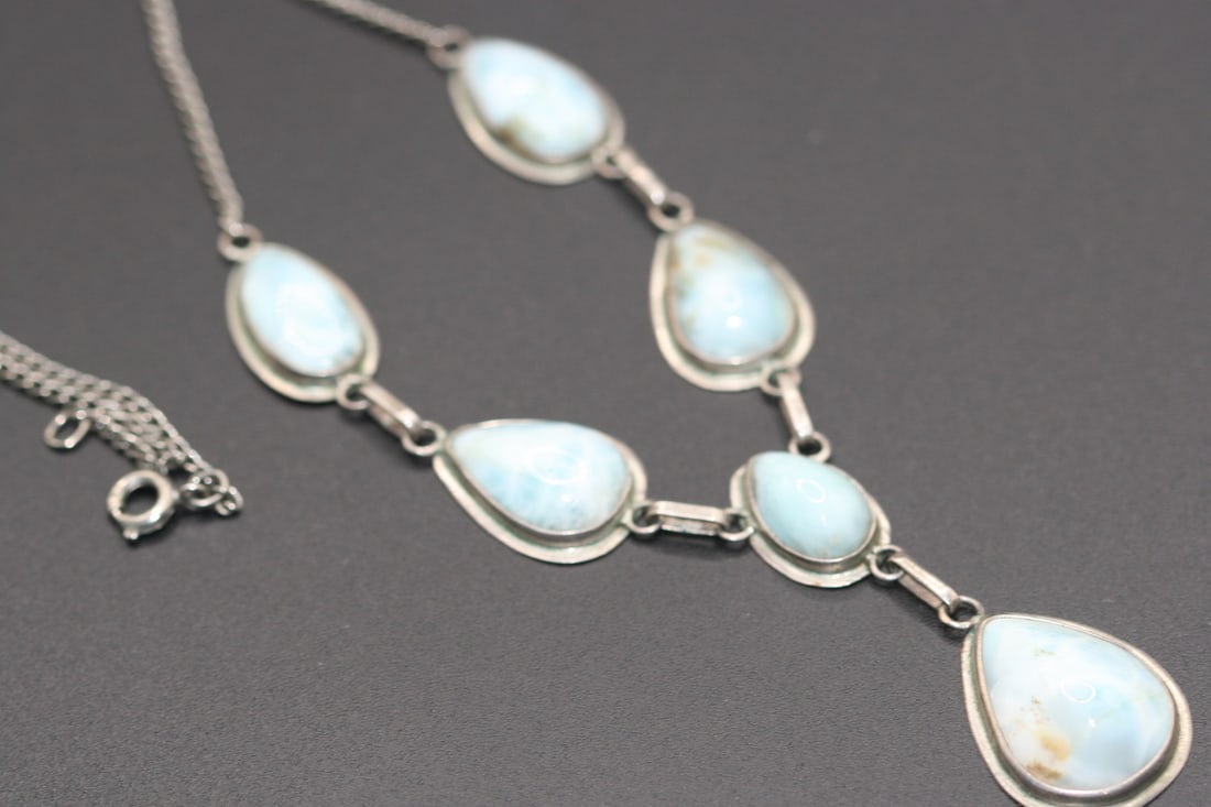 Larimar Drop Necklace Vintage .Lot#17: Larimar Drop Necklace Vintage measures 16 1/2" long and is 2" drop front unsigned