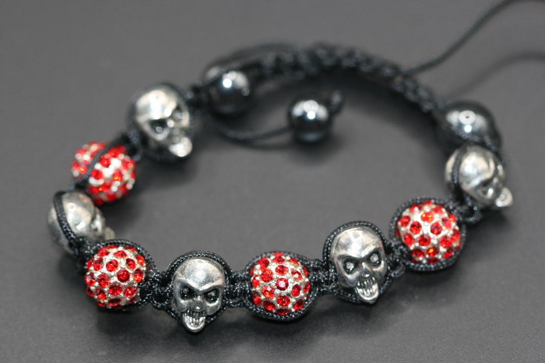 Skull Bracelet Siam Red Rhinestone Hematite unisex Bracelet .Lot#101: Skull Bracelet Siam Red Rhinestone Hematite Unisex Bracelet adjustable to fit any wrist
