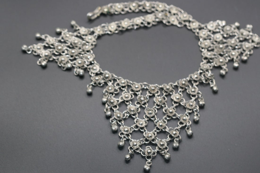 Cannetille Etruscan belly dancer Bib necklace vintage .Lot#126: Cannetille Etruscan belly dancer bib necklace vintage measures 15" long x 3" high and is very elaborate. The clasp has been soldered in a rudimentary fashion but works well see photos