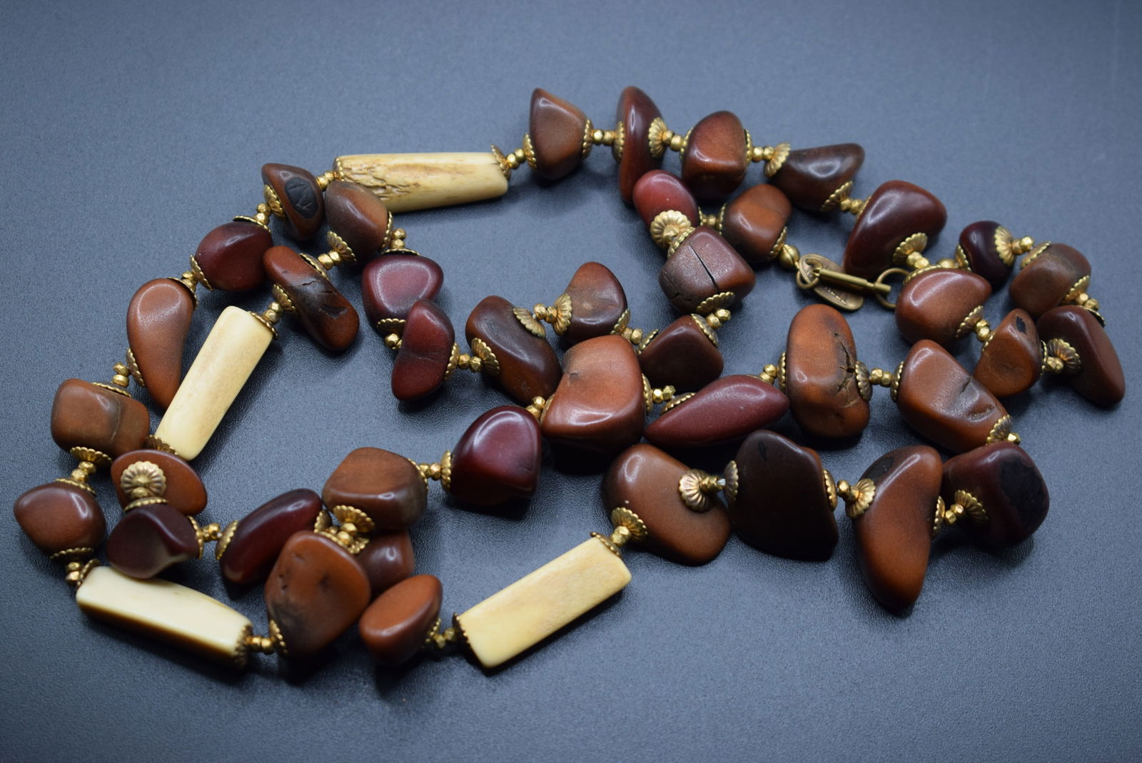 Miriam Haskell Vintage Bone Wood 30" long Beaded Necklace Signed .Lot#148: Miriam Haskell Vintage Bone Wood 30" long Beaded Necklace Signed