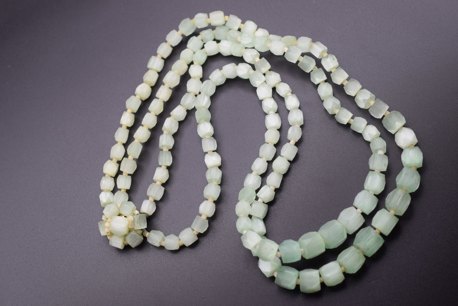 Frosted Givree Mint Green Vintage Necklace Glass 1940's Lot#CF 166: Frosted Givree Mint Green Necklace Glass 1940's measures 22" long double strand with clasp, has verdigris on clasp back
